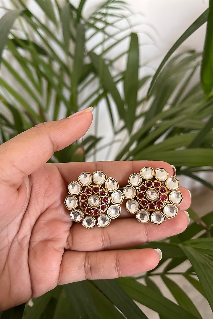 Gold Finish Kundan Polki Stud Earrings by Autumn Poppy at Pernia's Pop Up Shop