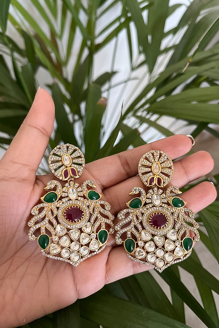Gold Plated Kundan Polki & Diamond Dangler Earrings by Autumn Poppy at Pernia's Pop Up Shop