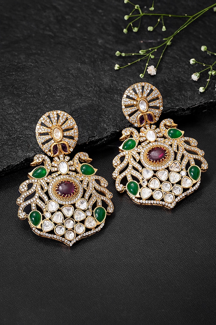 Gold Plated Kundan Polki & Diamond Dangler Earrings by Autumn Poppy at Pernia's Pop Up Shop