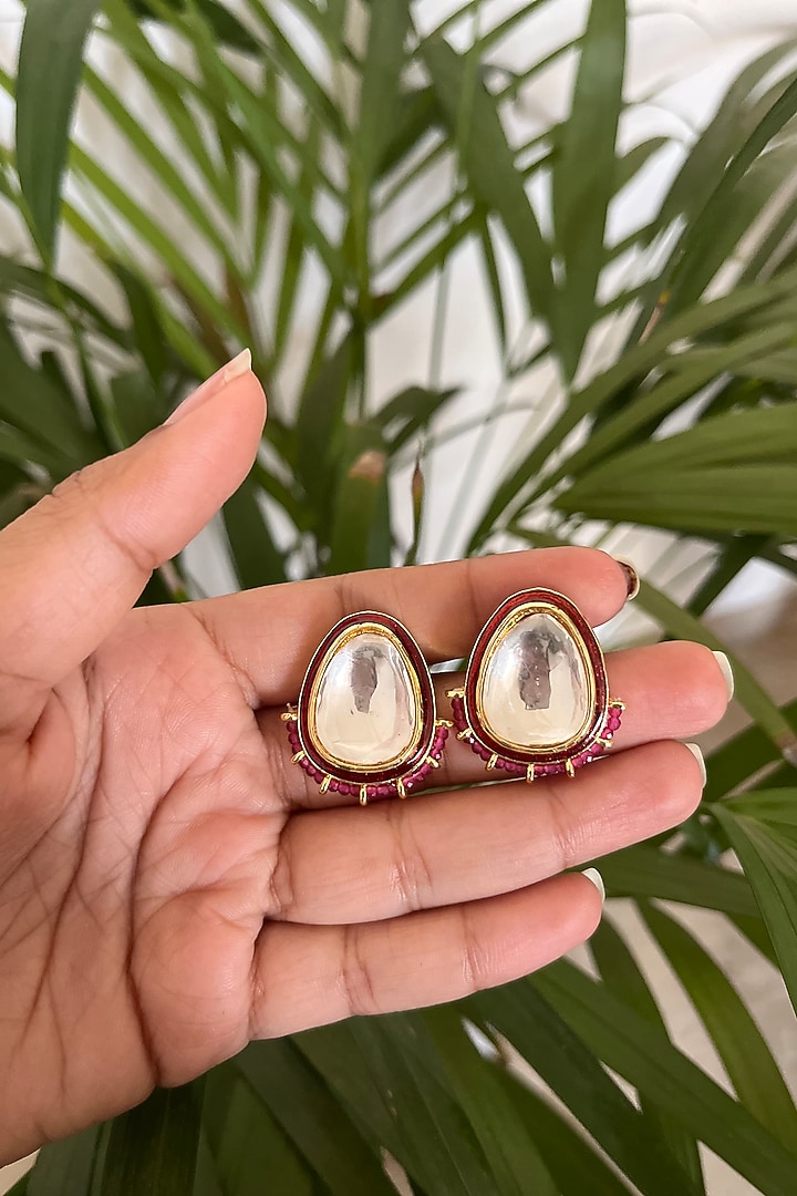 Gold Finish Kundan Polki & Pearl Stud Earrings by Autumn Poppy at Pernia's Pop Up Shop