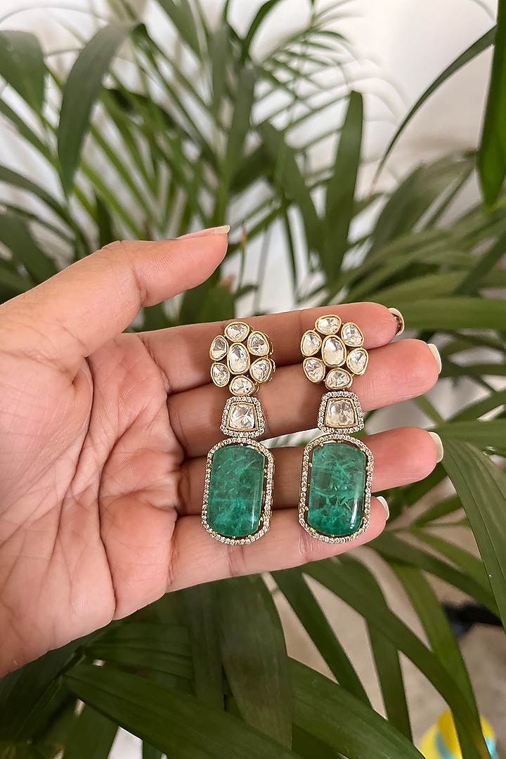 Gold Finish Emerald Synthetic Stone & Kundan Polki Dangler Earrings by Autumn Poppy at Pernia's Pop Up Shop