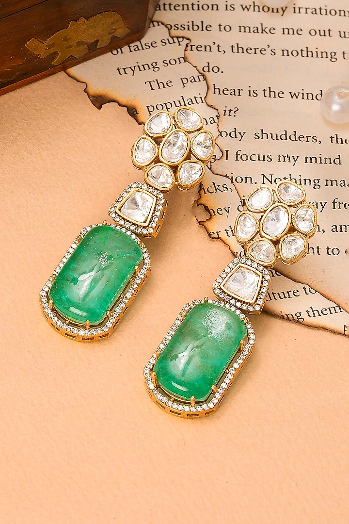 Gold Finish Emerald Synthetic Stone & Kundan Polki Dangler Earrings by Autumn Poppy at Pernia's Pop Up Shop