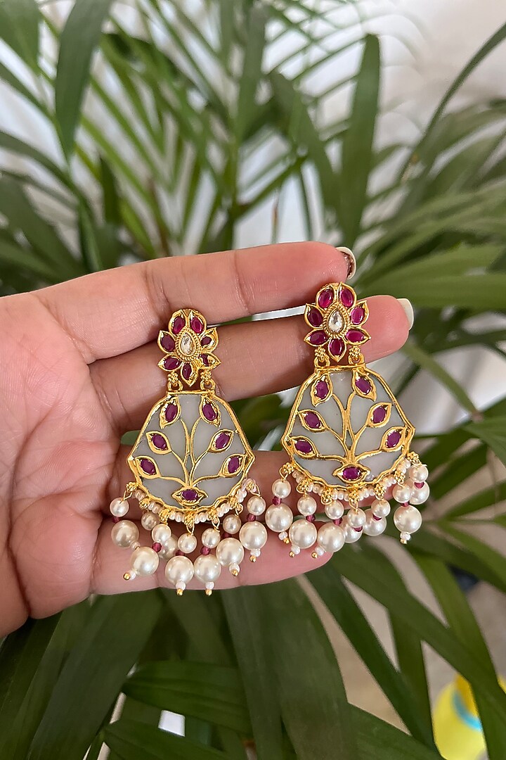 Gold Finish Kundan Polki Meenakari Dangler Earrings by Autumn Poppy at Pernia's Pop Up Shop