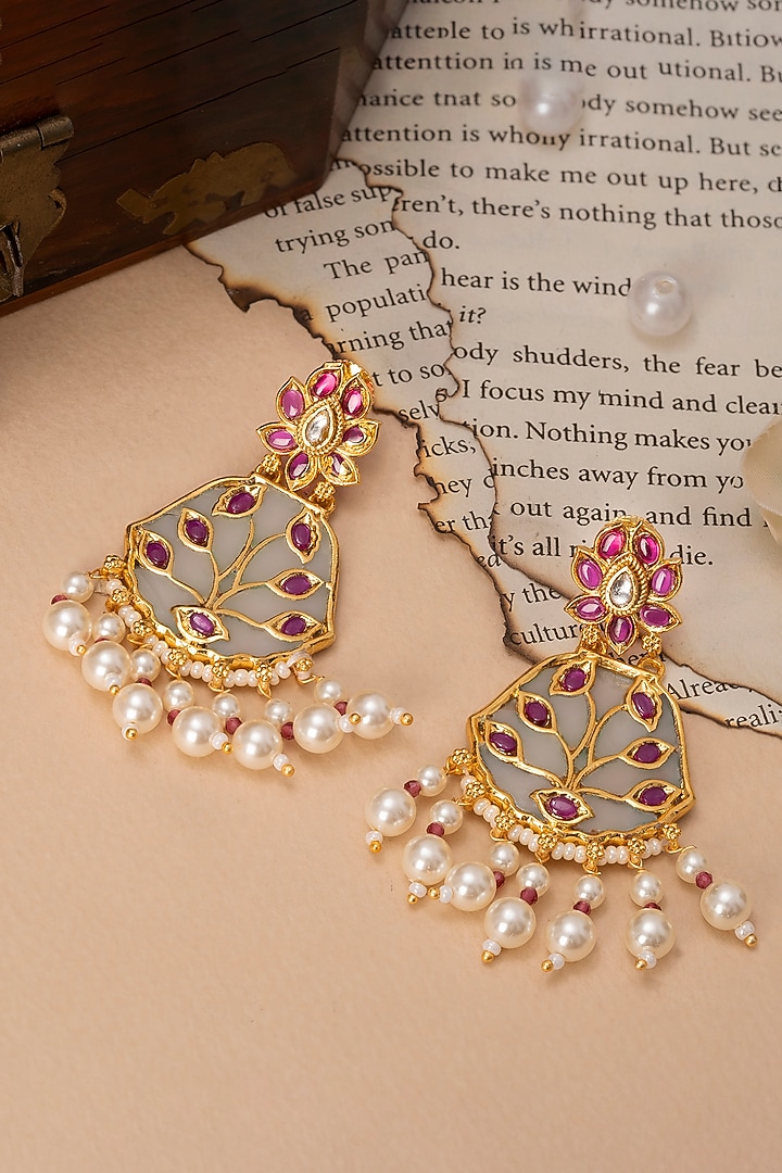 Gold Finish Kundan Polki Meenakari Dangler Earrings by Autumn Poppy at Pernia's Pop Up Shop