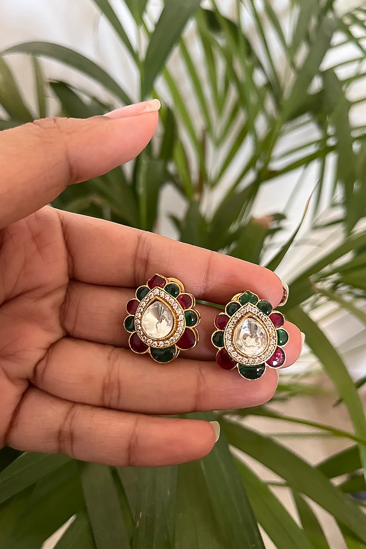 Gold Finish Kundan Polki & Stone Stud Earrings by Autumn Poppy at Pernia's Pop Up Shop