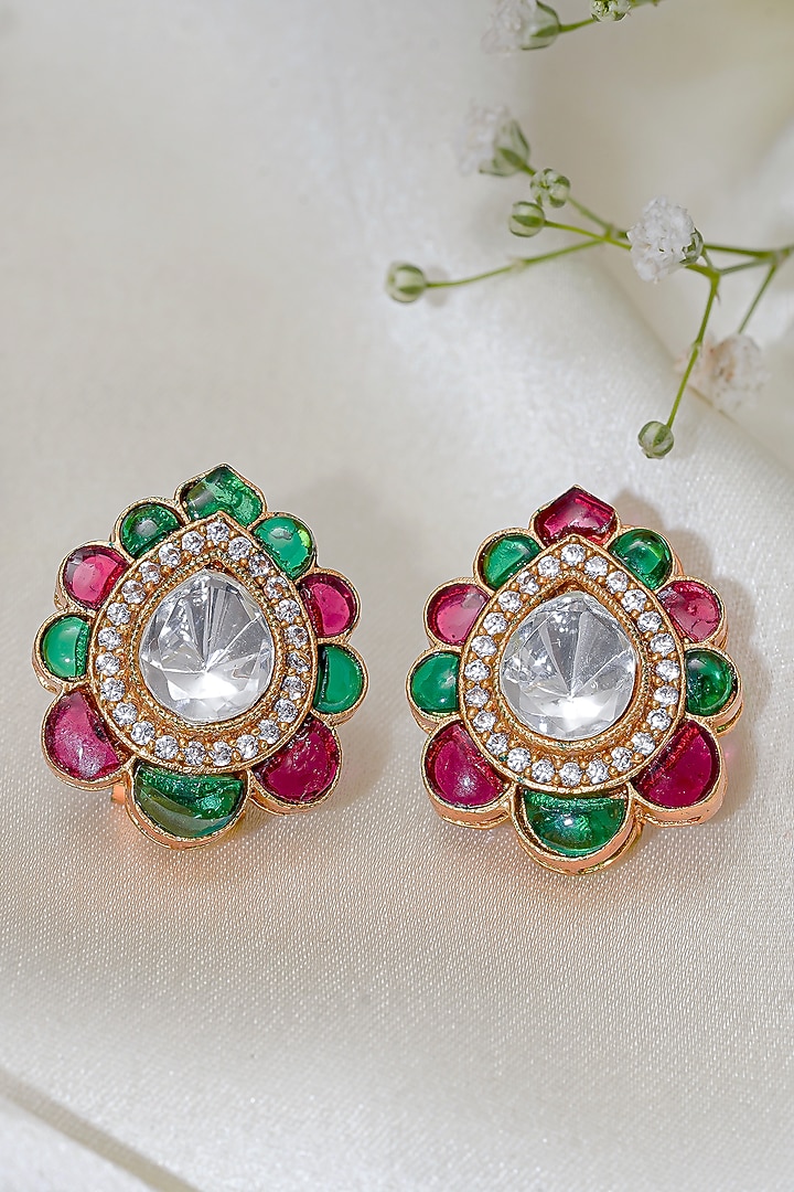 Gold Finish Kundan Polki & Stone Stud Earrings by Autumn Poppy at Pernia's Pop Up Shop