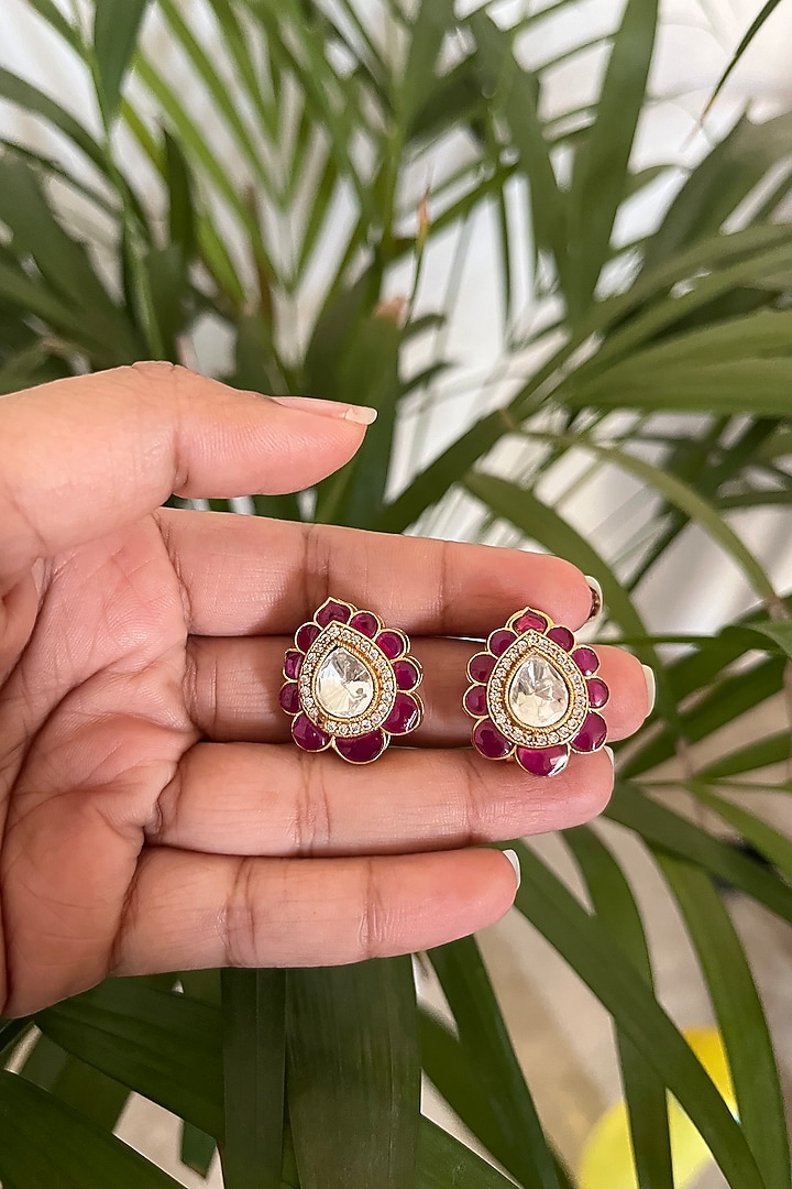 Gold Finish Kundan Polki & Ruby Synthetic Stone Stud Earrings by Autumn Poppy at Pernia's Pop Up Shop