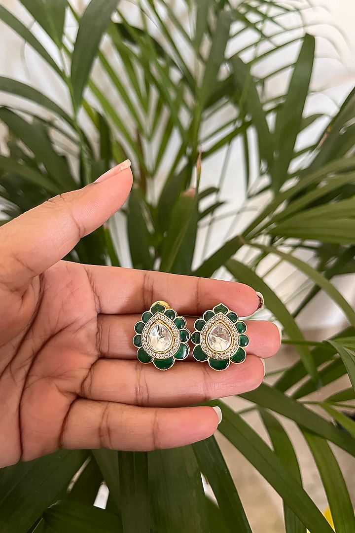 Gold Finish Kundan Polki & Emerald Synthetic Stone Stud Earrings by Autumn Poppy at Pernia's Pop Up Shop