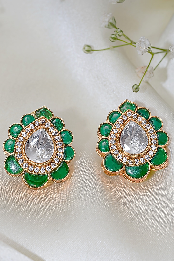 Gold Finish Kundan Polki & Emerald Synthetic Stone Stud Earrings by Autumn Poppy at Pernia's Pop Up Shop