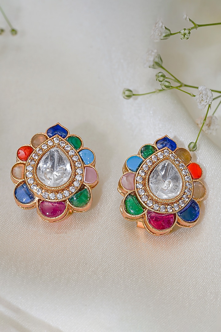 Gold Finish Kundan Polki & Multi-Colored Stone Stud Earrings by Autumn Poppy at Pernia's Pop Up Shop