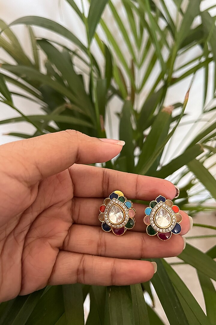 Gold Finish Kundan Polki & Multi-Colored Stone Stud Earrings by Autumn Poppy at Pernia's Pop Up Shop