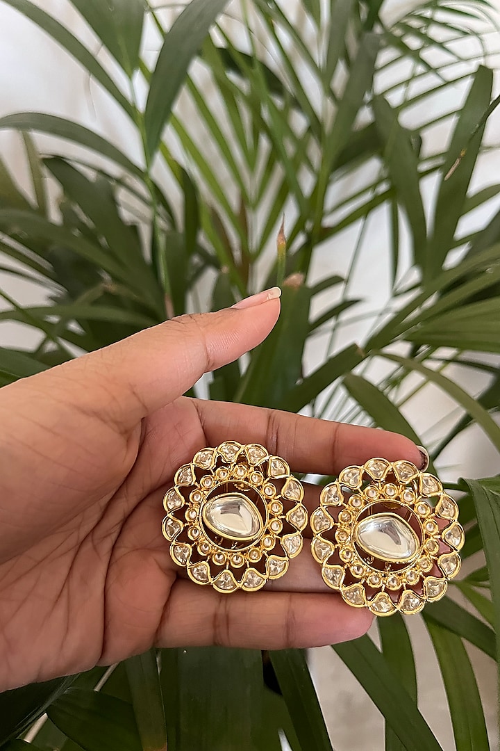 Gold Finish Kundan Polki Floral Stud Earrings by Autumn Poppy at Pernia's Pop Up Shop