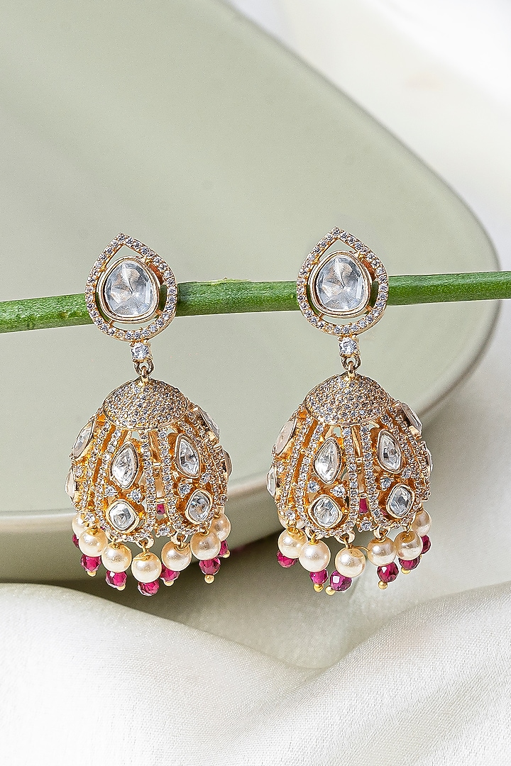 Gold Finish Swarovski & Moissanite Polki Dangler Earrings by Autumn Poppy at Pernia's Pop Up Shop