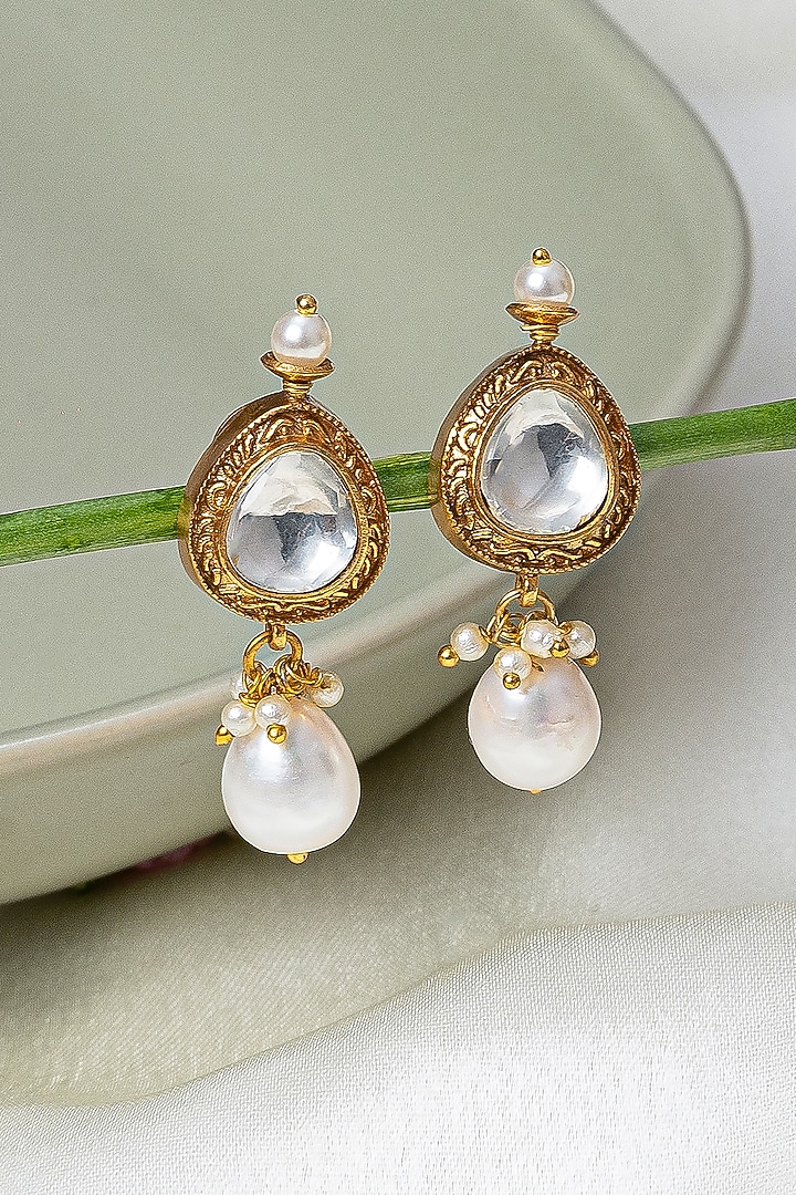 Gold Finish Kundan Polki Dangler Earrings by Autumn Poppy at Pernia's Pop Up Shop