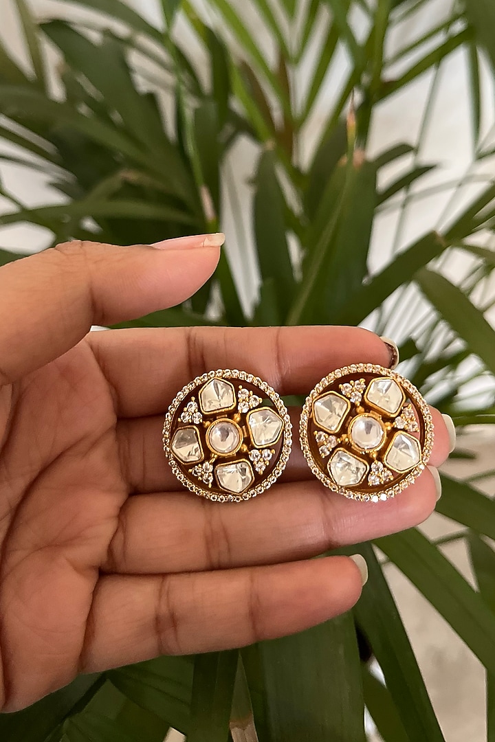 Gold Finish Kundan Polki Stud Earrings by Autumn Poppy at Pernia's Pop Up Shop
