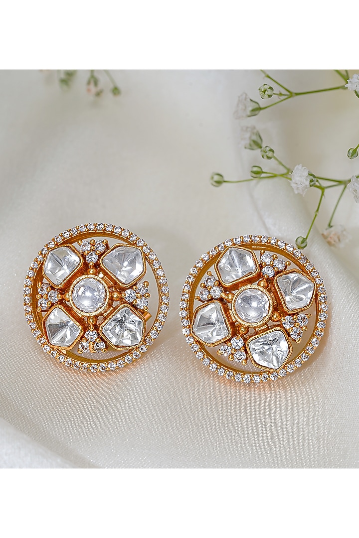 Gold Finish Kundan Polki Stud Earrings by Autumn Poppy at Pernia's Pop Up Shop