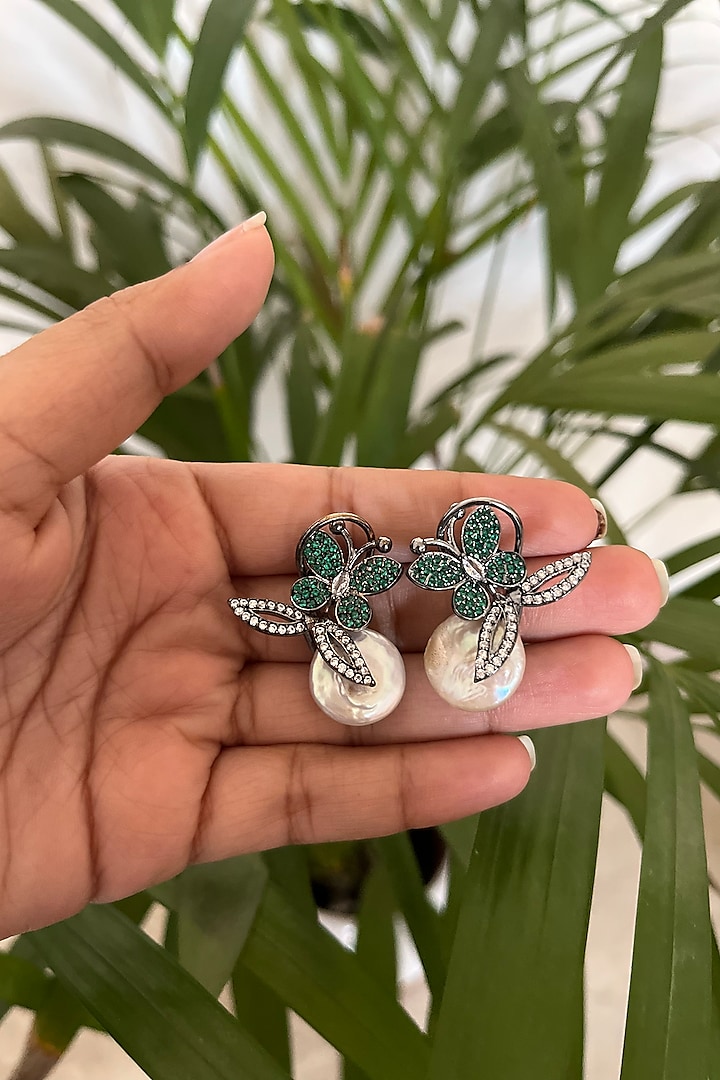 Black Rhodium Finish Green Diamond & Baroque Pearl Butterfly Stud Earrings by Autumn Poppy