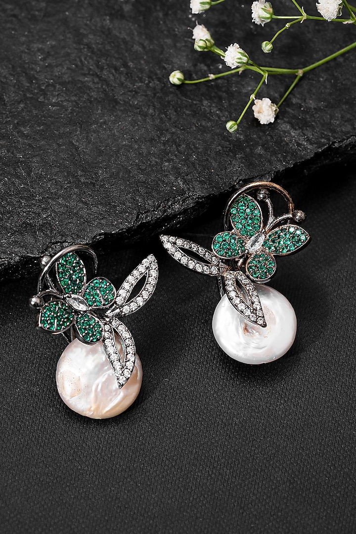 Black Rhodium Finish Green Diamond & Baroque Pearl Butterfly Stud Earrings by Autumn Poppy at Pernia's Pop Up Shop