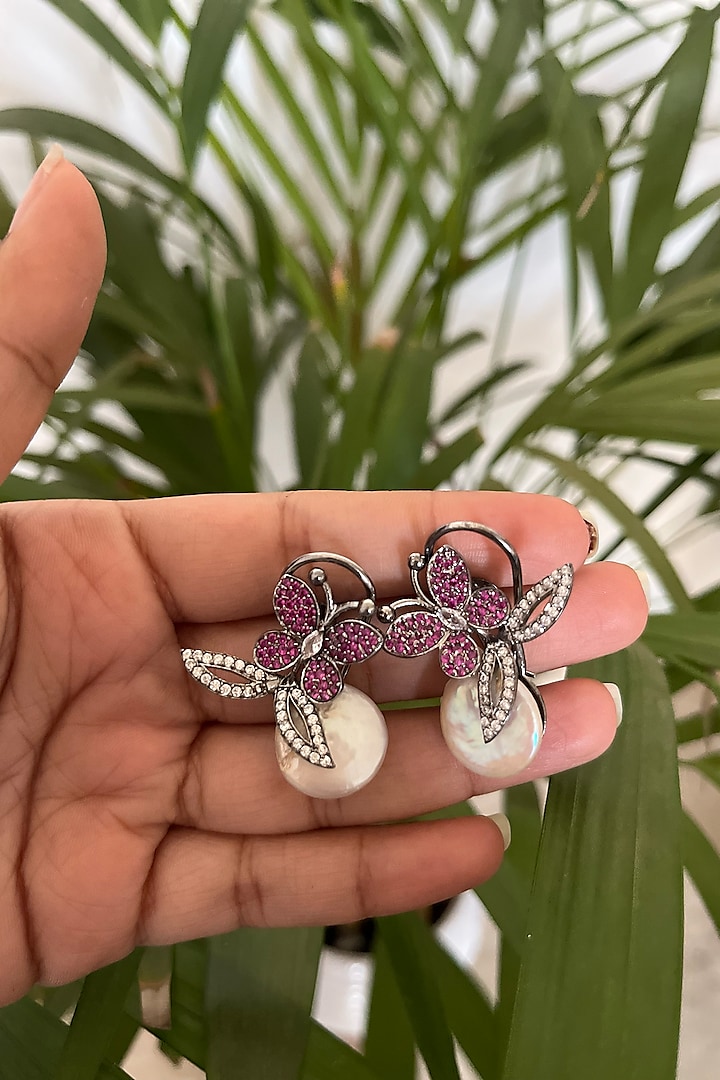 Black Rhodium Finish Pink Diamond & Baroque Pearl Butterfly Stud Earrings by Autumn Poppy