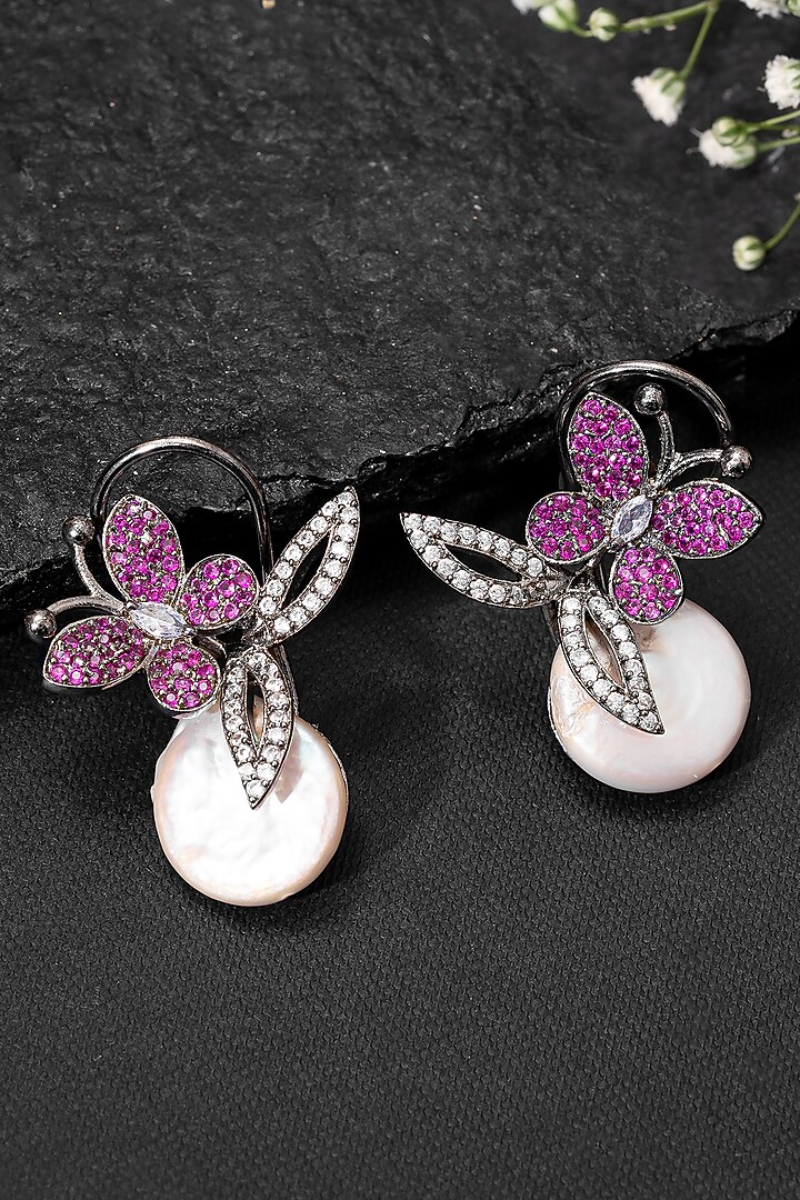 Black Rhodium Finish Pink Diamond & Baroque Pearl Butterfly Stud Earrings by Autumn Poppy at Pernia's Pop Up Shop