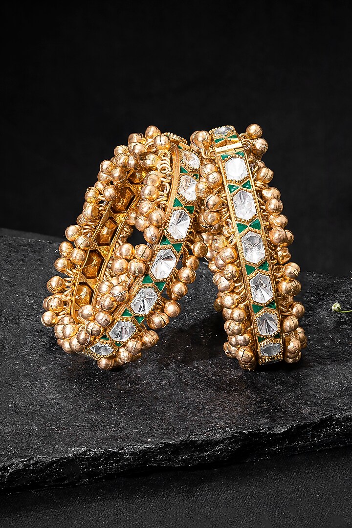 Gold Plated Kundan Polki & Green Stone Bangles (Set Of 2) by Autumn Poppy at Pernia's Pop Up Shop