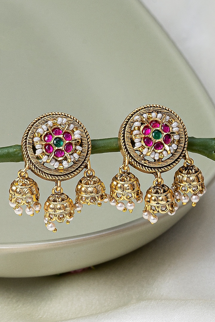 Gold Finish Kundan Polki & Ruby Temple Necklace Set by Autumn Poppy at Pernia's Pop Up Shop