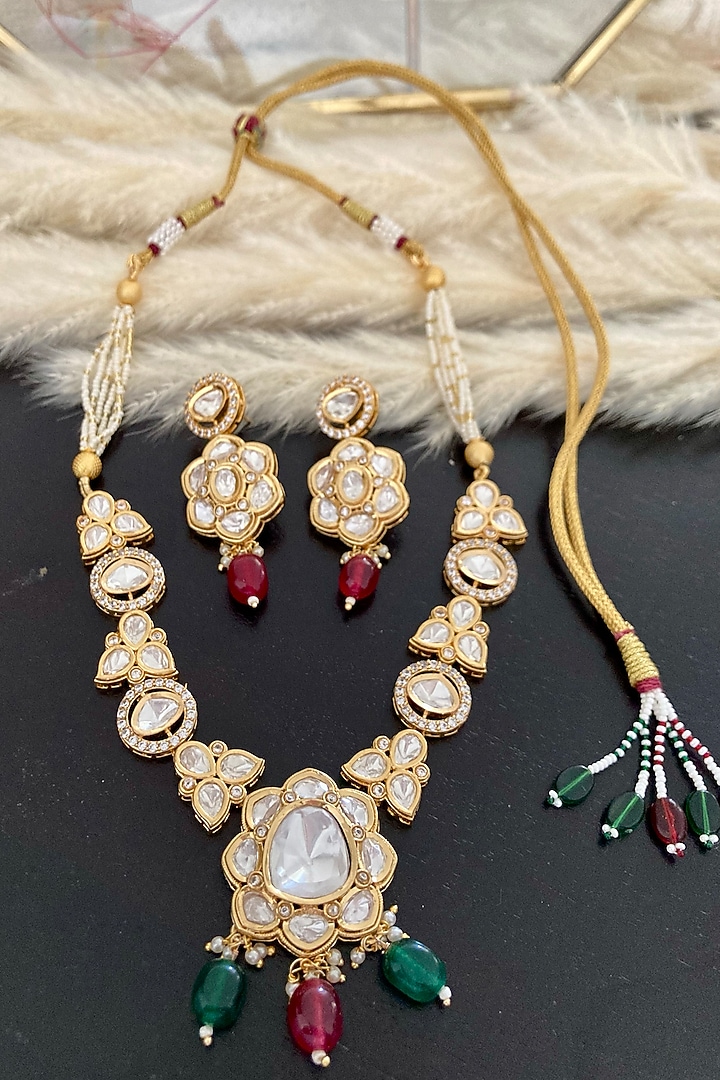 Gold Finish Kundan Polki & Multi-Colored Stone Long Necklace Set by Autumn Poppy at Pernia's Pop Up Shop