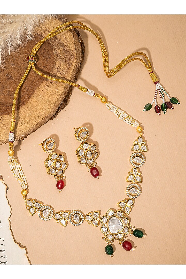 Gold Finish Kundan Polki & Multi-Colored Stone Long Necklace Set by Autumn Poppy at Pernia's Pop Up Shop