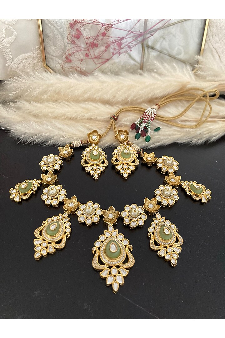 Gold Finish Kundan Polki & Mint Natural Stone Necklace Set by Autumn Poppy at Pernia's Pop Up Shop