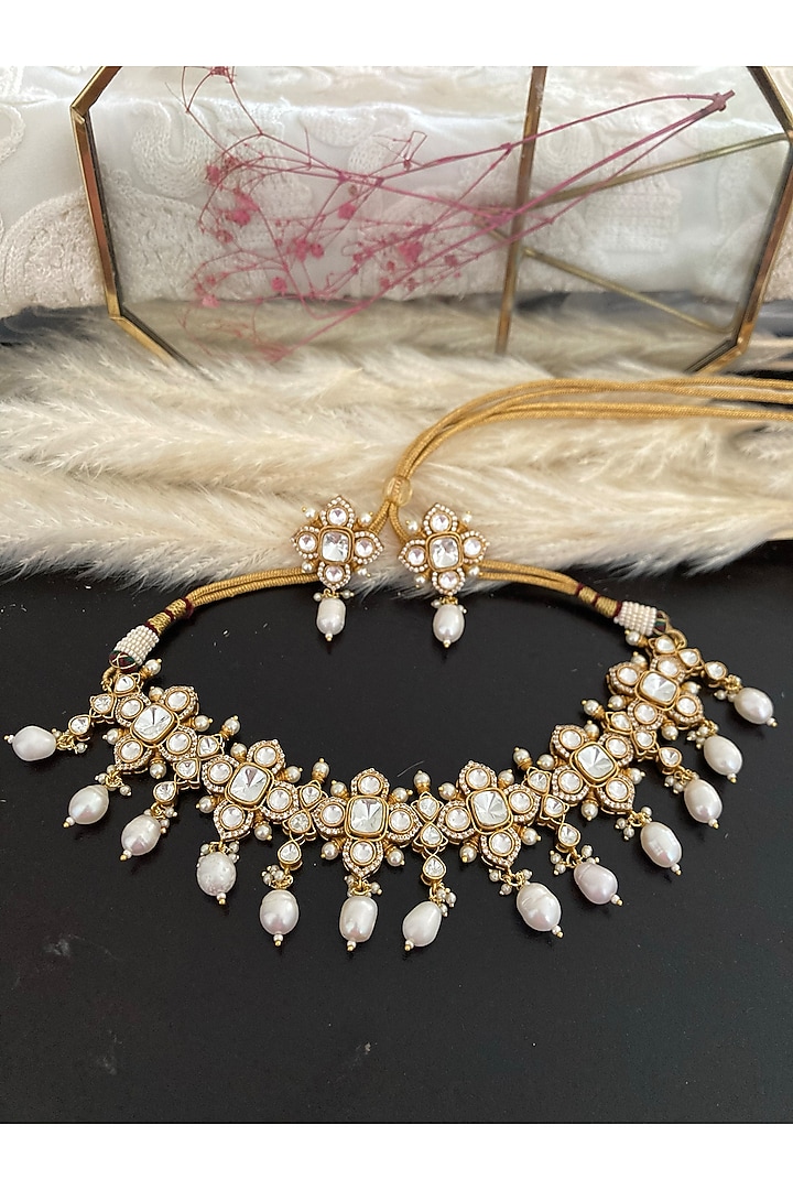 Gold Plated Kundan Polki & Pearl Necklace Set by Autumn Poppy at Pernia's Pop Up Shop
