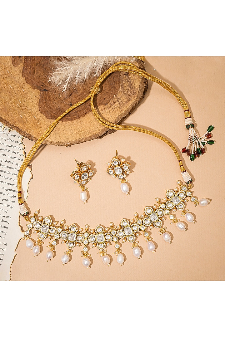 Gold Plated Kundan Polki & Pearl Necklace Set by Autumn Poppy at Pernia's Pop Up Shop
