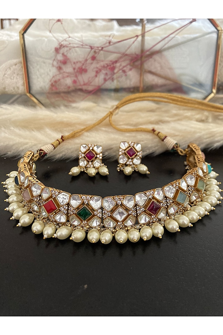 Gold Finish Kundan Polki & Navratna Stone Choker Necklace Set by Autumn Poppy at Pernia's Pop Up Shop