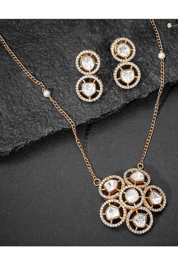 Gold Finish Uncut Polki Diamond Floral Pendant Necklace Set by Autumn Poppy at Pernia's Pop Up Shop