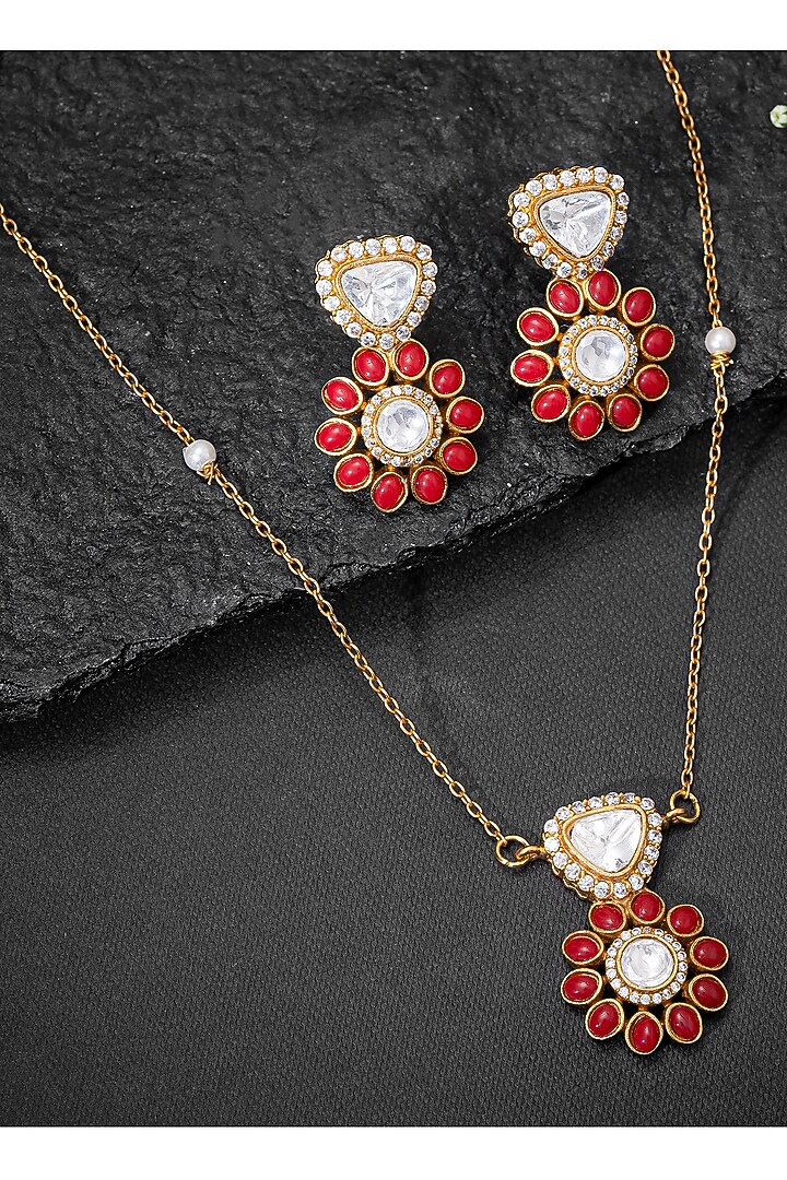 Gold Finish Uncut Polki Diamond & Ruby Floral Pendant Necklace Set by Autumn Poppy at Pernia's Pop Up Shop