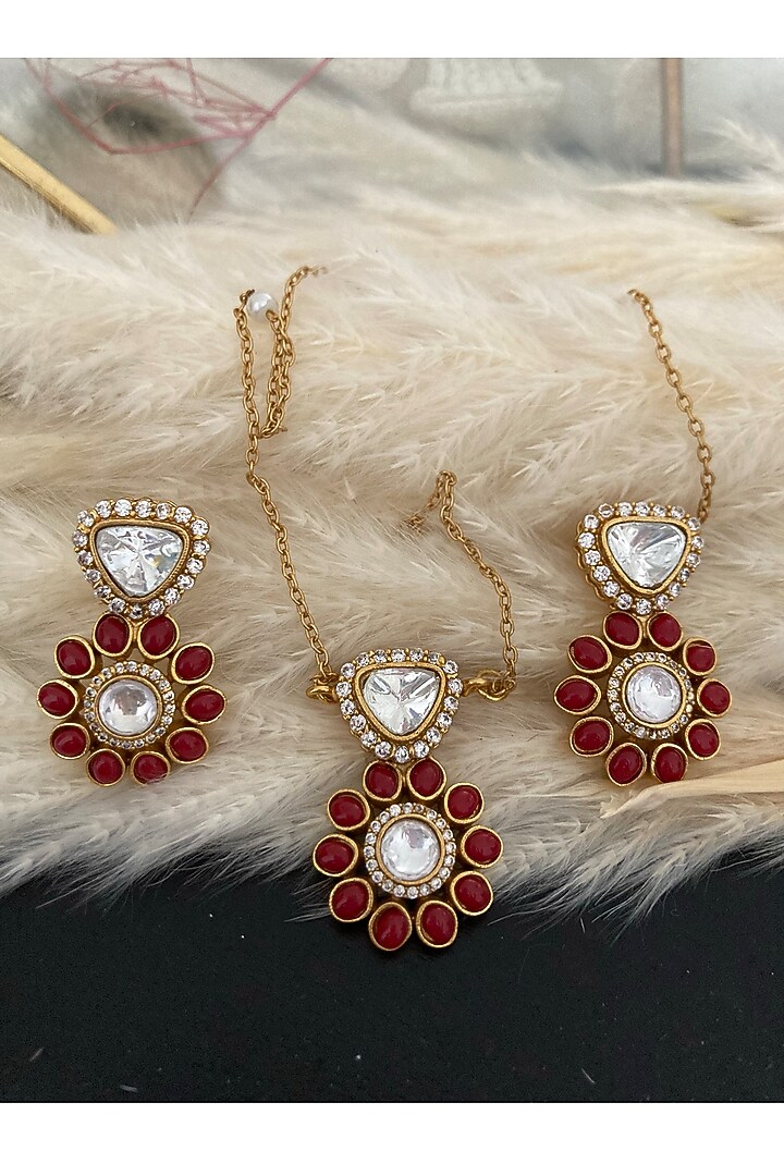 Gold Finish Uncut Polki Diamond & Ruby Floral Pendant Necklace Set by Autumn Poppy at Pernia's Pop Up Shop