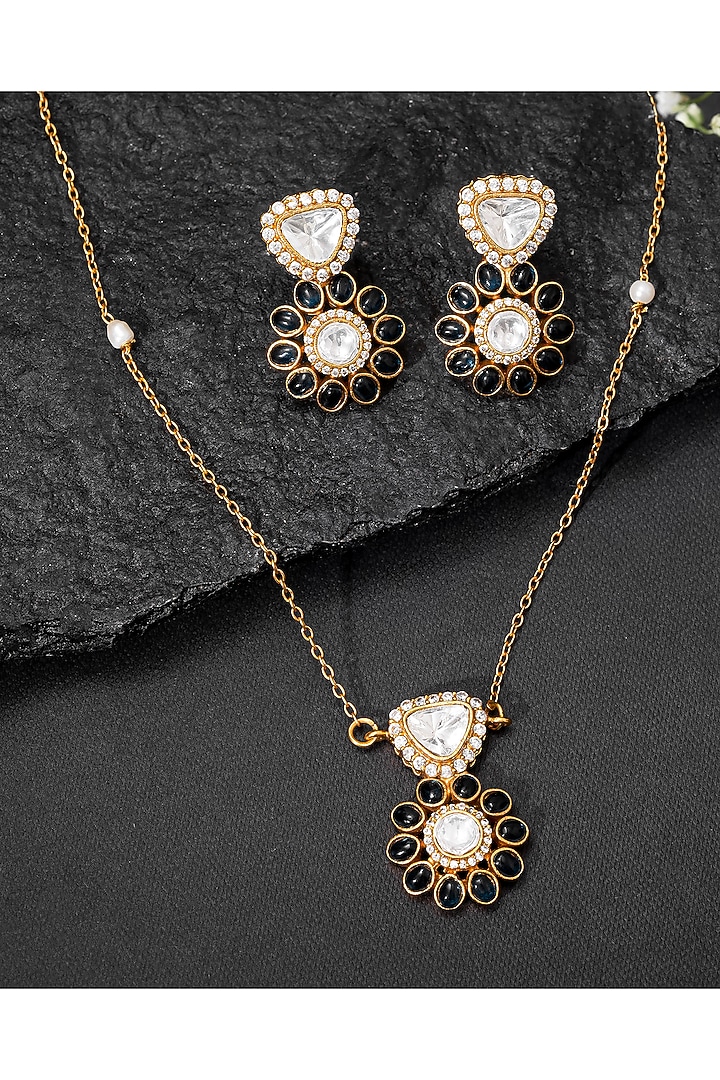 Gold Finish Uncut Polki Diamond & Black Onyx Floral Pendant Necklace Set by Autumn Poppy at Pernia's Pop Up Shop