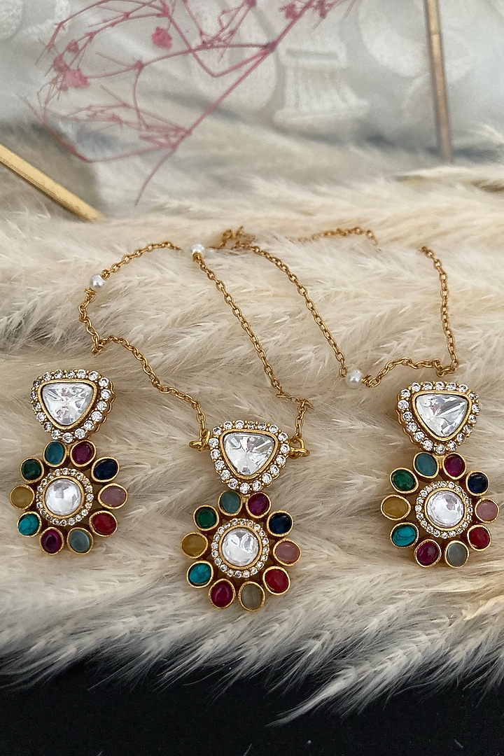 Gold Finish Uncut Polki Diamond & Multi-Colored Stone Floral Pendant Necklace Set by Autumn Poppy at Pernia's Pop Up Shop
