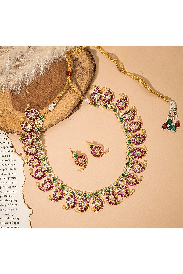 Gold Finish Ruby Synthetic Stone Temple Necklace Set by Autumn Poppy at Pernia's Pop Up Shop