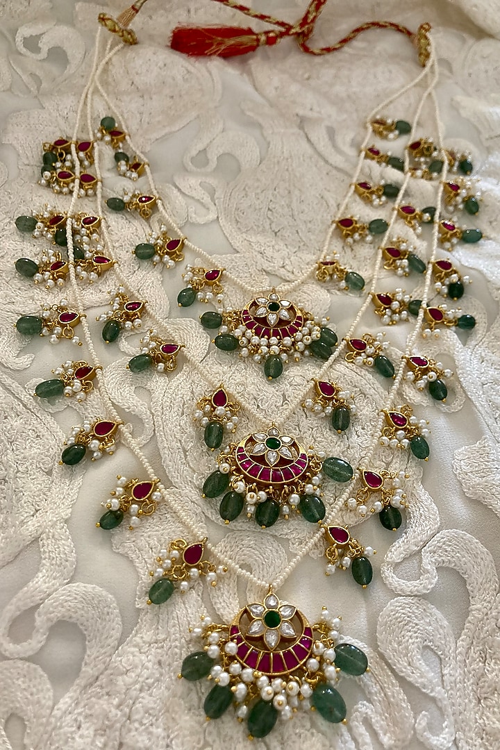 Gold Finish Kundan Polki & Shell Pearl Long Necklace by Autumn Poppy at Pernia's Pop Up Shop