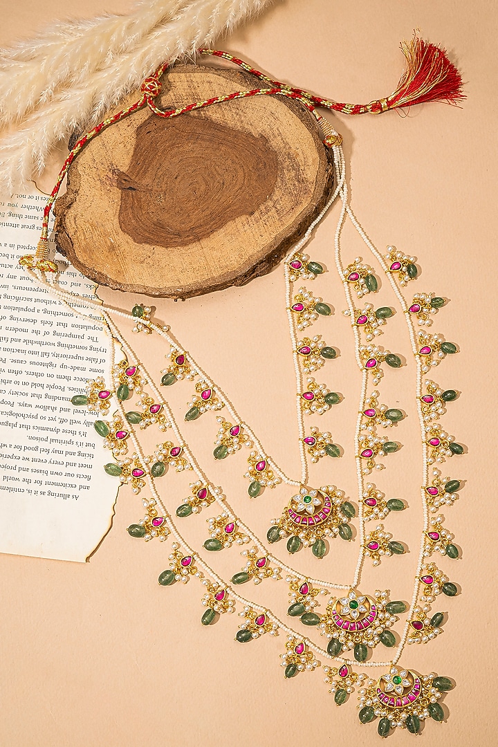 Gold Finish Kundan Polki & Shell Pearl Long Necklace by Autumn Poppy at Pernia's Pop Up Shop