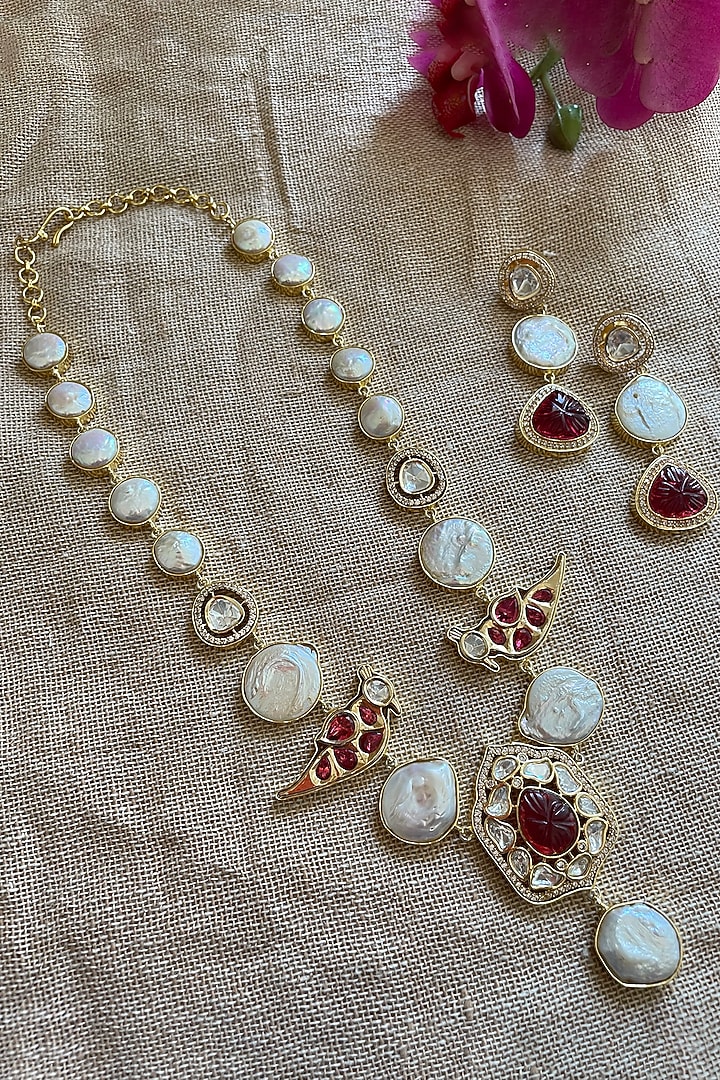 Gold Finish Pearl & Ruby Red Crystal Long Peacock Necklace Set by Autumn Poppy at Pernia's Pop Up Shop