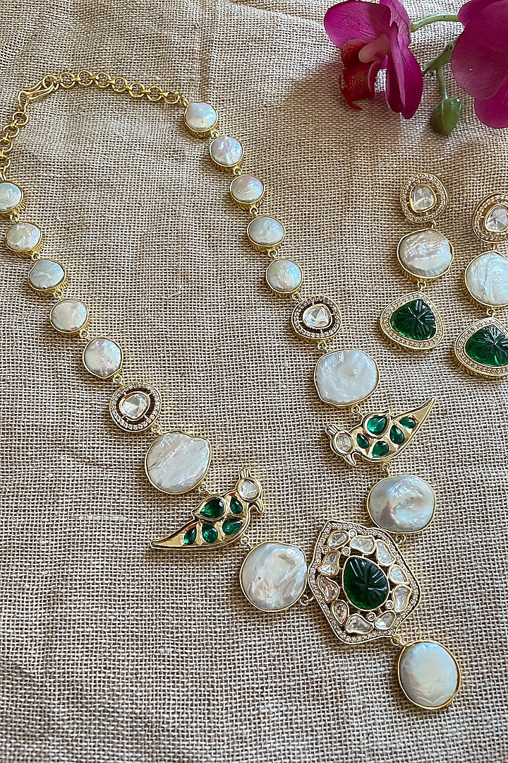 Gold Finish Green Crystal & Pearl Long Peacock Necklace Set by Autumn Poppy at Pernia's Pop Up Shop