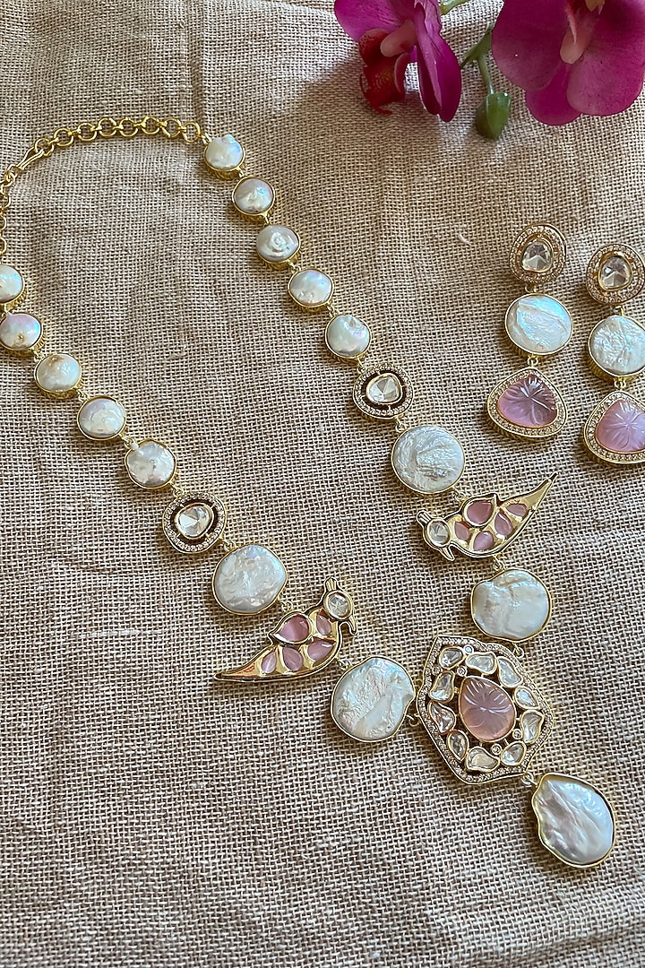 Gold Finish Blush Stone & Pearl Long Peacock Necklace Set by Autumn Poppy at Pernia's Pop Up Shop