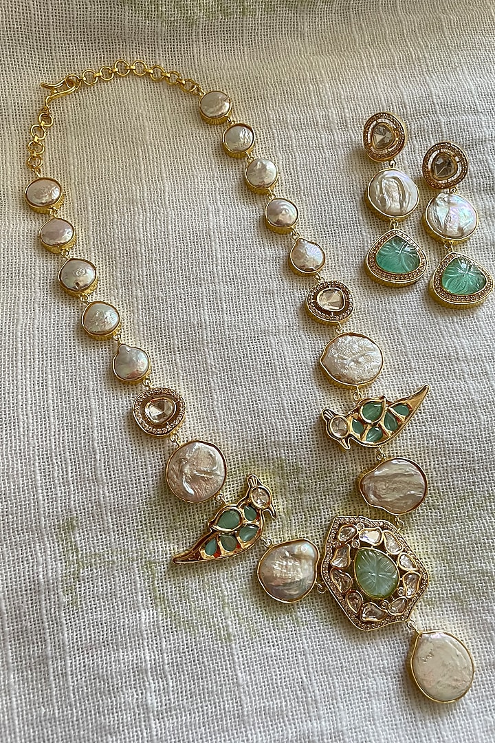 Gold Finish Green Stone & Pearl Long Peacock Necklace Set by Autumn Poppy at Pernia's Pop Up Shop