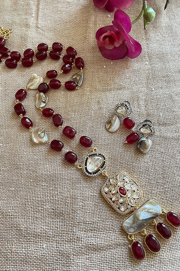 Gold Finish Deep Wine Beaded & Pearl Long Necklace Set by Autumn Poppy at Pernia's Pop Up Shop