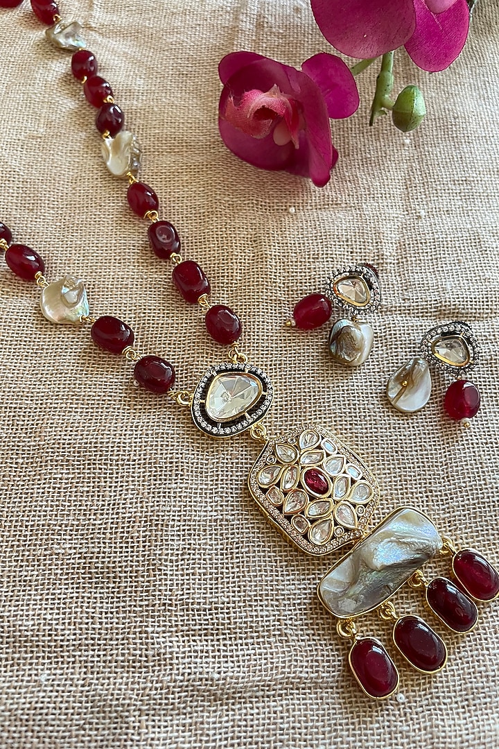 Gold Finish Deep Wine Beaded & Pearl Long Necklace Set by Autumn Poppy at Pernia's Pop Up Shop