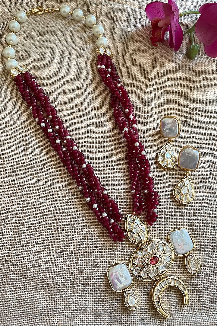 Gold Finish Red Beaded & Pearl Long Necklace Set by Autumn Poppy at Pernia's Pop Up Shop