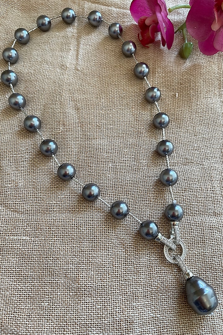 Black Rhodium Finish Grey Pearl Long Pendant Necklace by Autumn Poppy