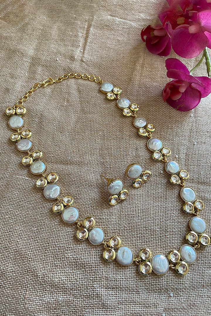 Gold Finish Pearl Long Necklace Set by Autumn Poppy at Pernia's Pop Up Shop