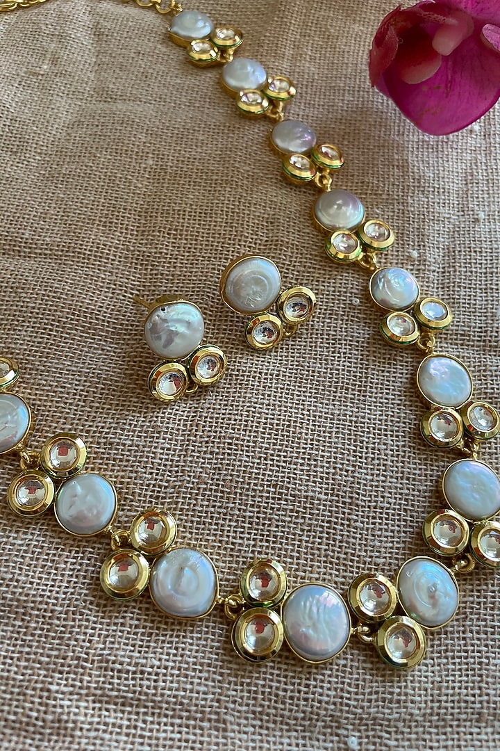 Gold Finish Pearl Long Necklace Set by Autumn Poppy at Pernia's Pop Up Shop